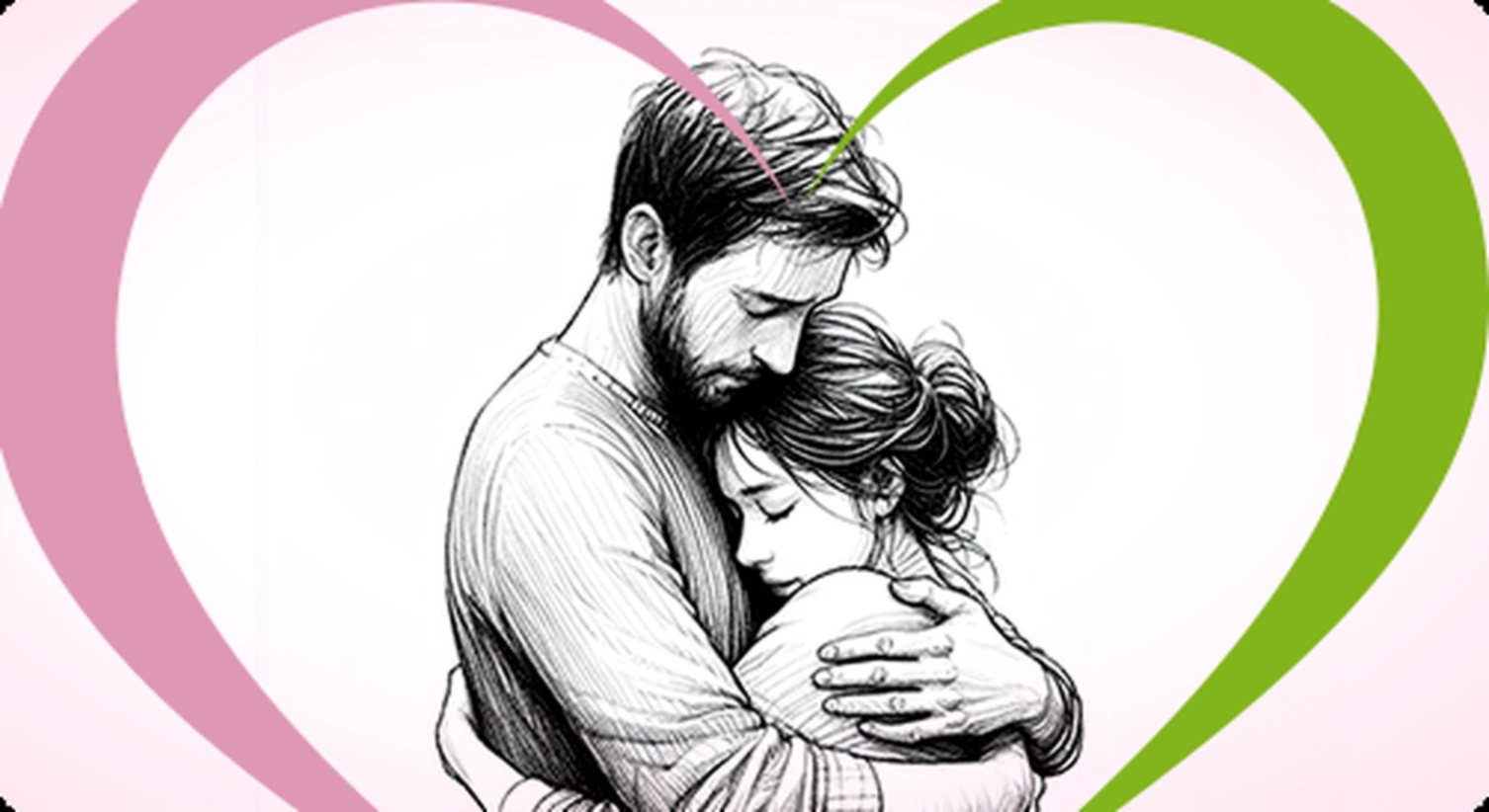 Ilustração sensível de acolhimento entre duas pessoas, dentro de formas em coração.