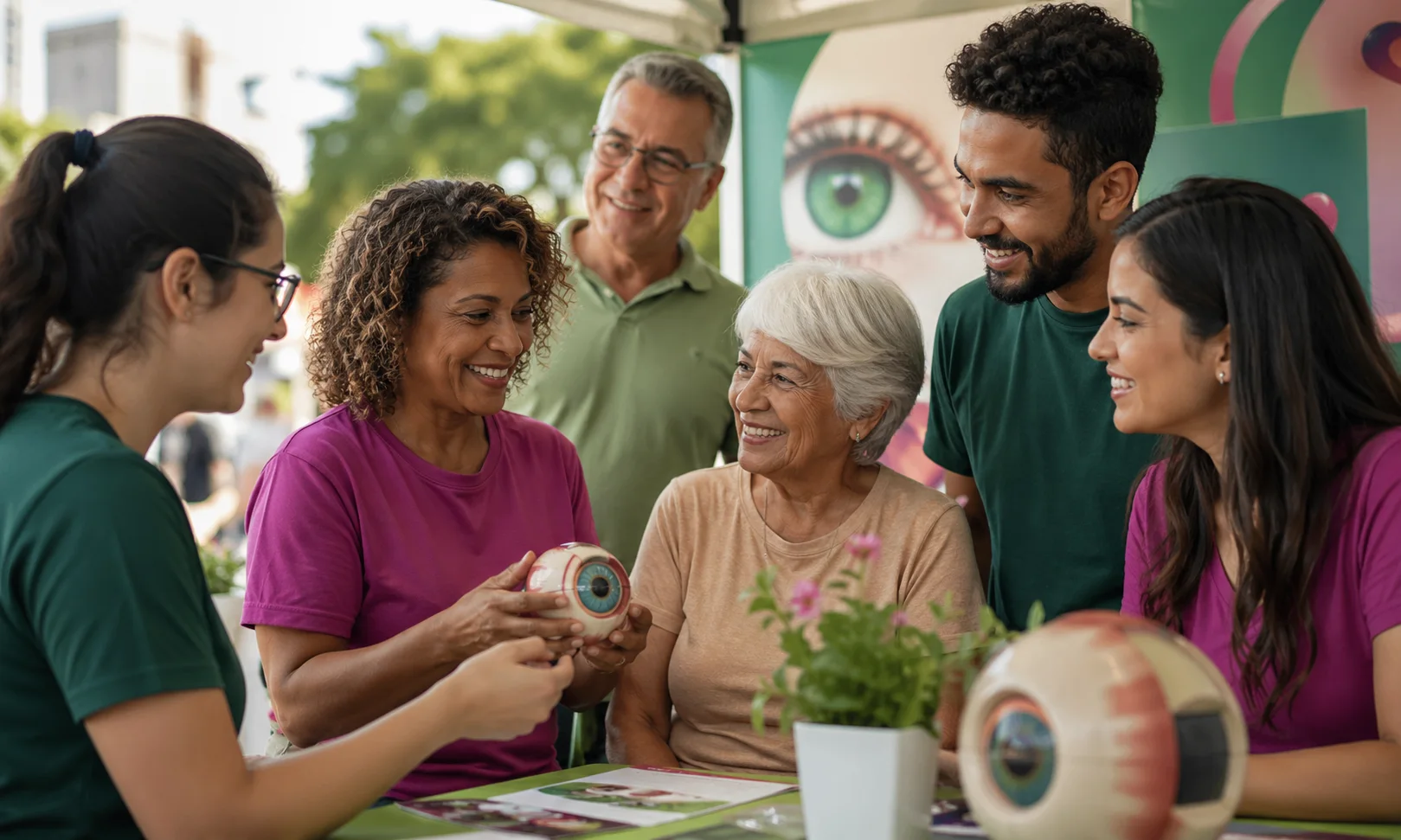 Cena de conscientização comunitária sobre saúde ocular e doação de córneas.